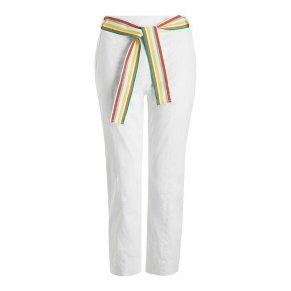 Marella Sequoia Poplin Straight Leg Cropped White Pants Stripe Belt Womens Sz 10 - Picture 1 of 6